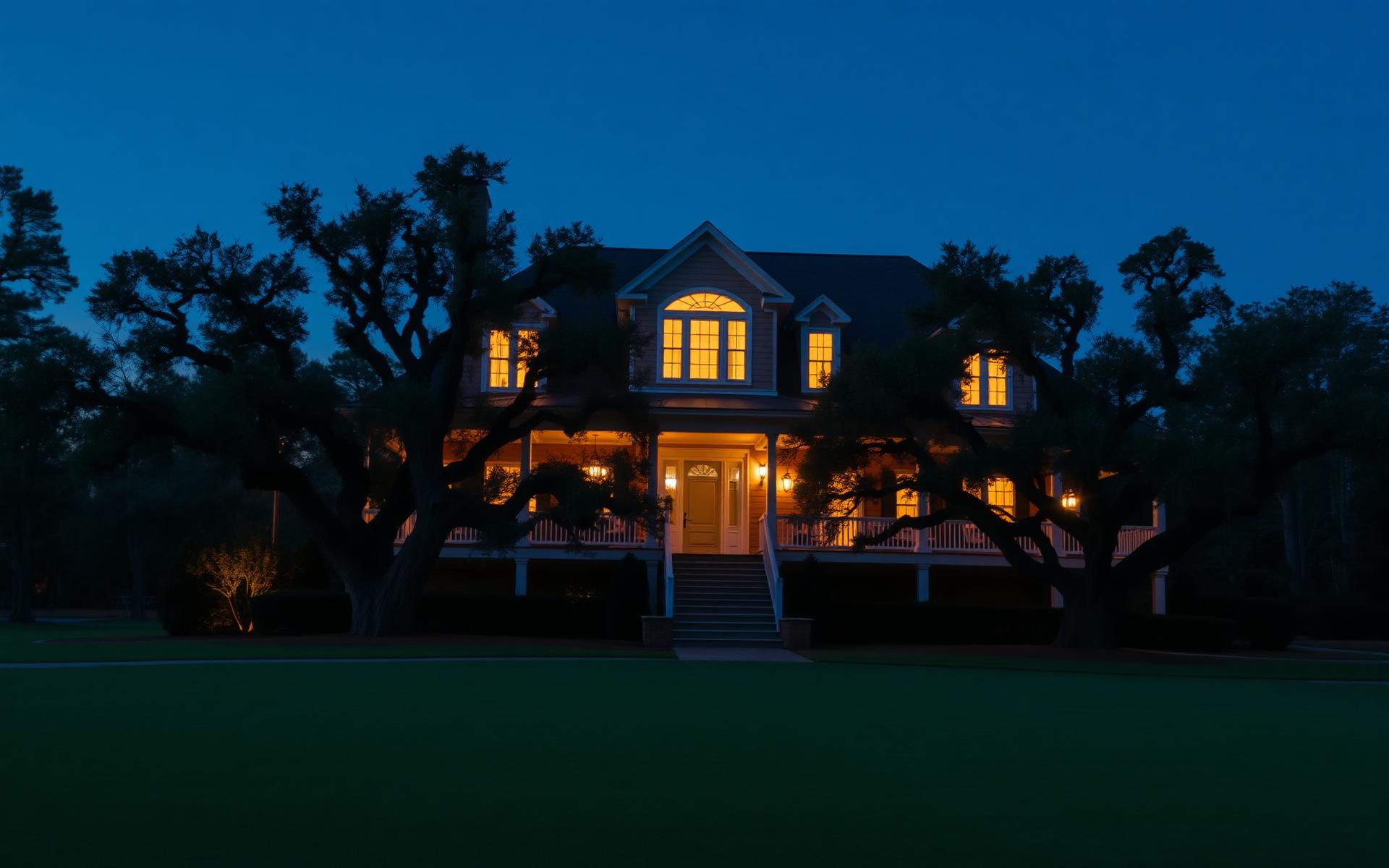 Elegant Southern coastal home at dusk